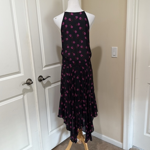 A.L.C. 100% Silk Whimsical Fairy Keyhole Black/Pink Floral Midi Dress Size 10 - Picture 6 of 9